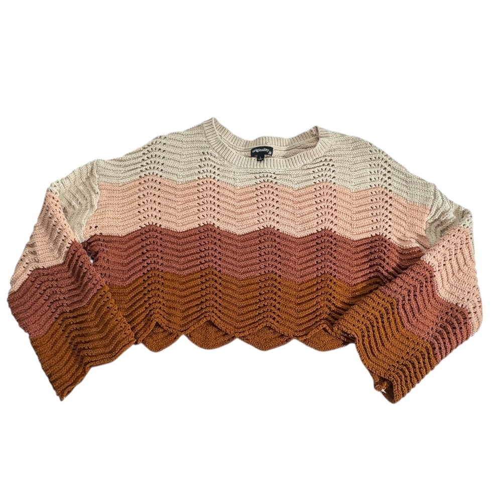 Originality Women Multicolor Boho Wide Sleeve Color Block Pointelle Crop Sweater